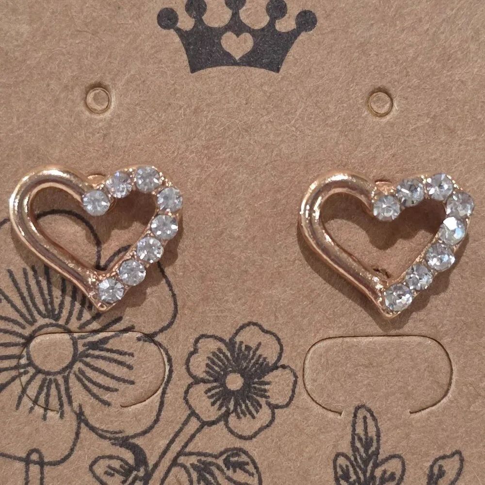 NOS Rose Gold Open HEART Rhinestone Accent Stud Pierced Earrings